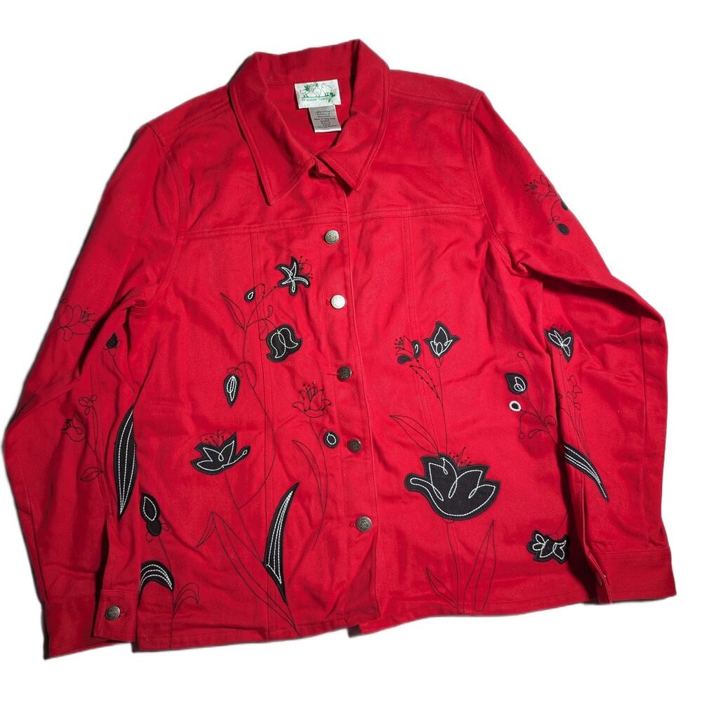 Vtg 1990s Quacker Factory Red Black Floral Applique Cotton Collared Jacket Sz M